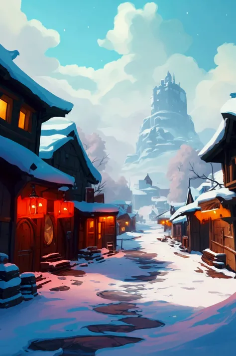 arafed village in the snow with a lot of snow, concept art inspired by Andreas Rocha, polycount contest winner, conceptual art, winter concept art, painted as a game concept art, disco elysium style, disco elysium video game, immensely detailed scene, disc...