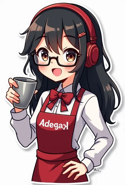 a sticker,  woman who is a cocktail shaker .  long black hair, Full brunette using a gaming headset.  She has a friendly face and wears a shaker uniform , Written by Adega CLT  ,  complete with apron and bow tie ,  represented in vibrant colors , happy exp...