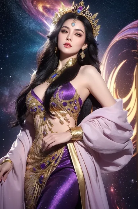 "create a beautiful fantasy character, a young woman with long black hair and fair skin, wearing an elegant, intricately detaile...