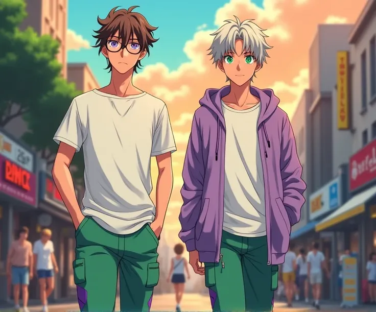  Two white-skinned men from 18-year-old anime, anime To love ru,  soft lighting , is walking happily on the sidewalk in the city of Tokyo , There are people around him , On an afternoon with lots of orange clouds . The first man measures 1 ,70 centimeters,...