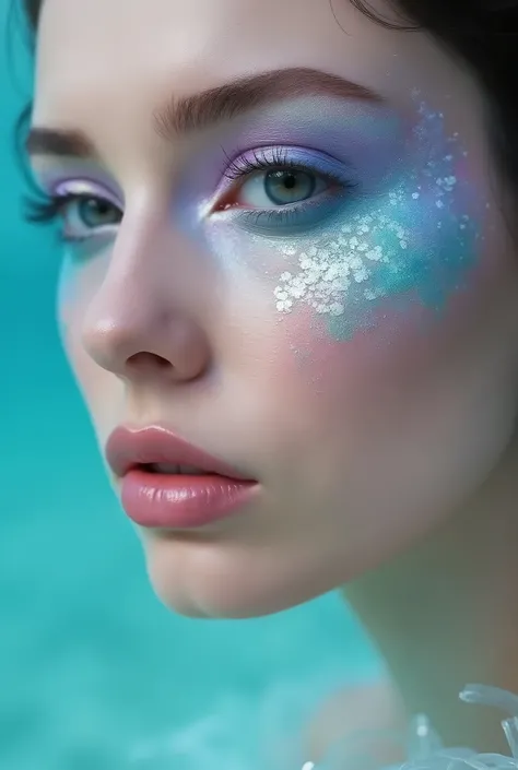 Surreal Oceanic Dream: "Design surreal makeup inspired by the pastel colors of the ocean. Use soft shades of aqua, coral, and lavender tones to create a wave effect on the eyelids, blending the colors to mimic the gentle flow of water. Incorporate scales s...