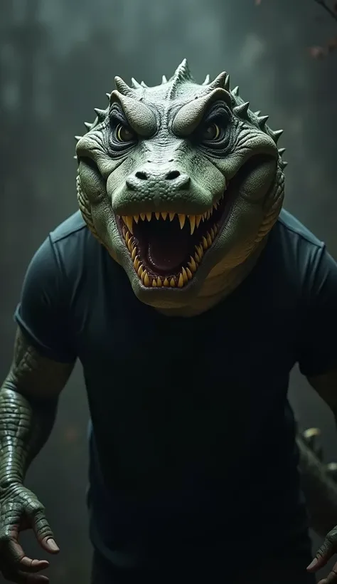 A crocodile monster with a ferocious, scary face, wearing a plain black t-shirt, half-waist photo facing front, background with the scent of darkness of death