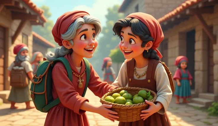 Prompt: "Sara, the , helping an elderly villager carry a basket. Her expression is cheerful and kind, reflecting her readiness to help. The elder looks grateful, and other villagers smile at Sara, appreciating her helpful nature."