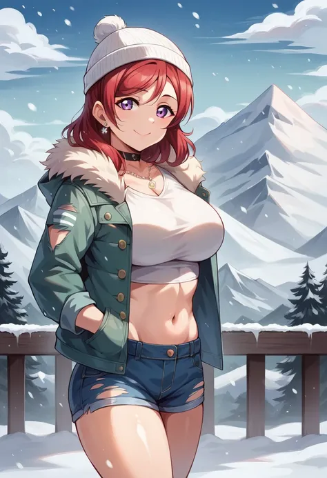 masterpiece, best quality,8k wallpaper , love live art style, nishikino maki love live, purple eyes,red hair, earrings, bangs, white beanie hat , crop top,big breasts,jewelry, closed mouth, jacket, earrings, outdoors, sky,torn denim shorts, fur trim, cute ...