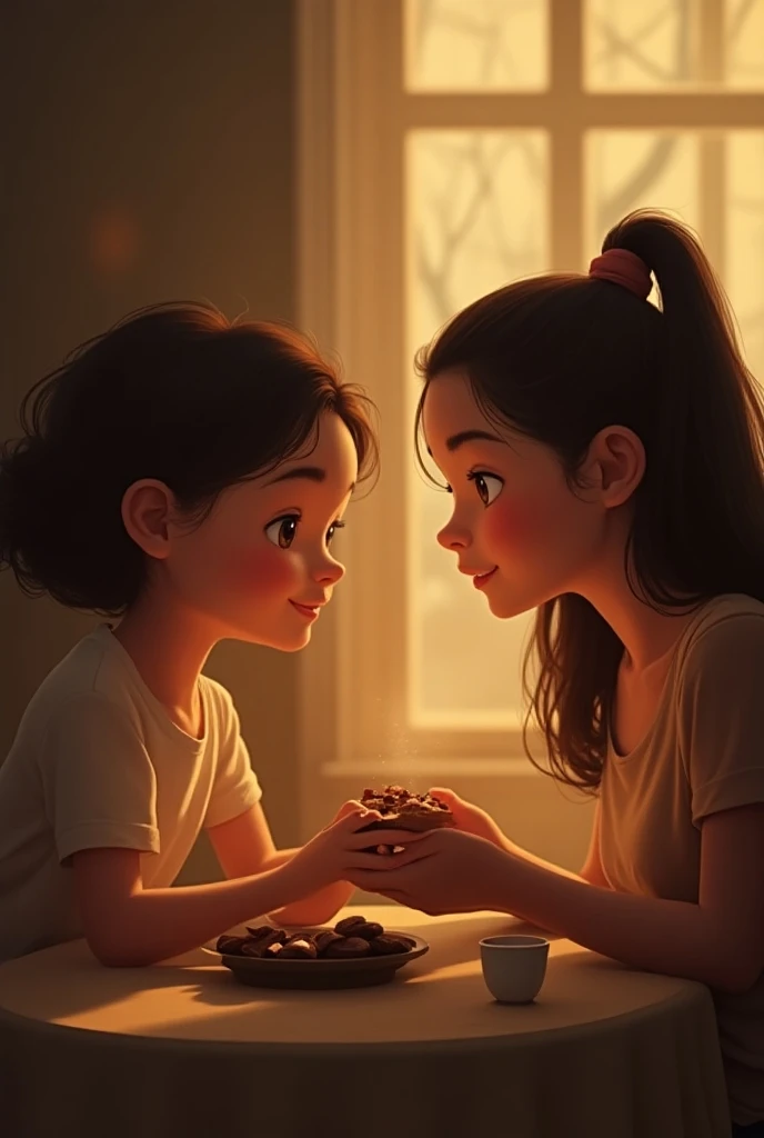 The camera focuses on a table where a mother and her teenage daughter enjoy chocolate 
After school. The light is warm , evoking an atmosphere of nostalgia and tenderness .  The mother smiles while holding the chocolate .