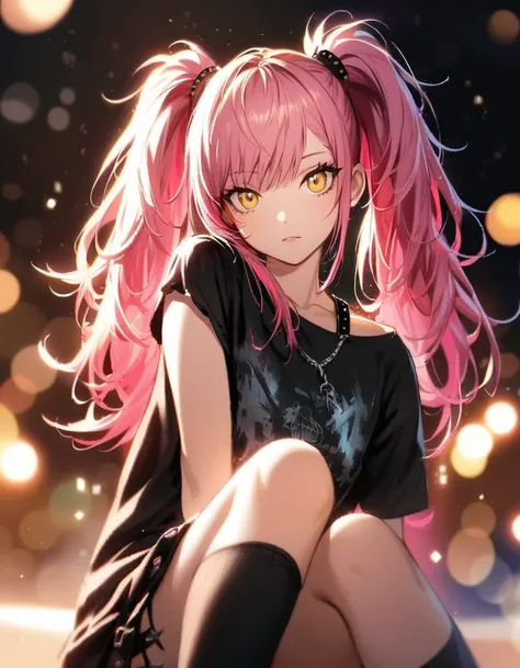 1 girl. Knee Shot. sit. Punk, rocker, punk rocker, Punk fashion. twin tails, long hair, Black & pink hair, inner color, Hair with volume, Each strand of hair is fine. yellow eyes, Long thin lashes, Eyes with highlights, Catchlight. Black oversized T-shirt,...