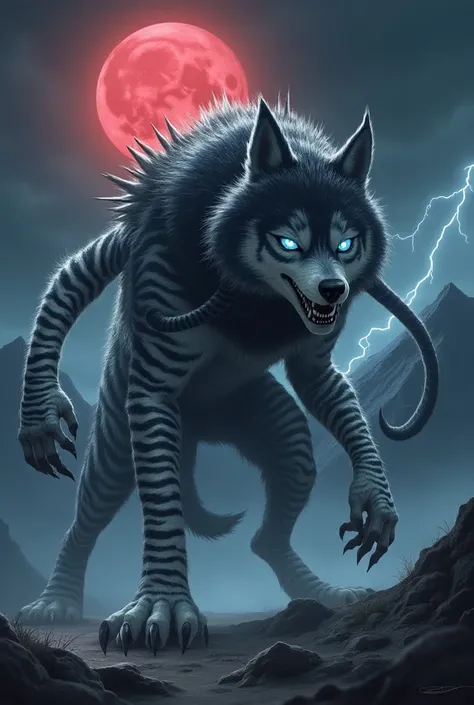 Prompt: "Design a terrifying hybrid creature that combines features of a Siberian Husky and a Zebra into one monstrous entity. The creature should have the muscular, streamlined body of a Husky but with the distinctive black and white striped patterns of a...