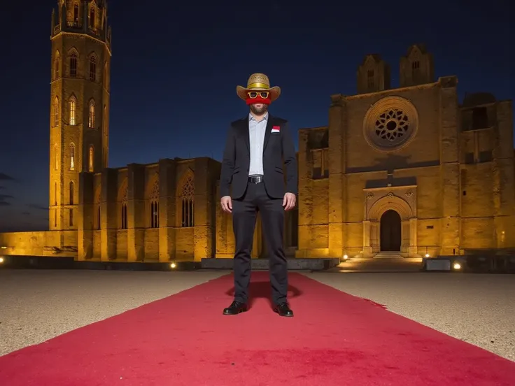 Create a dramatic, cinematic image of a man in a sharp, tailored suit reminiscent of James Bond, standing confidently on a red carpet set in front of the illuminated Seu Vella Cathedral at night. The cathedrals gothic architecture is beautifully highlighte...