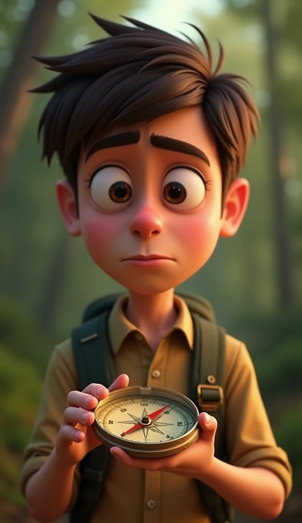 Create a Disney Pixar style close-up of Ben, with a slightly frustrated look, holding the compass in one hand as he explains it led him in circles. The subject is centered, and his brows are slightly furrowed, showing his frustration. The point of view is ...