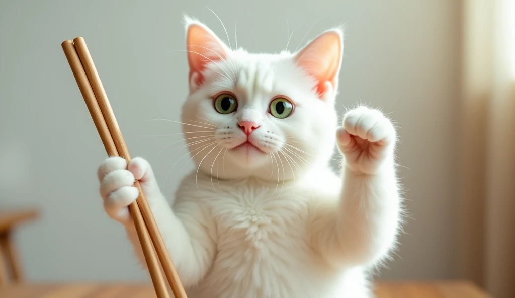 A hyper-realistic, full-body portrait of a charming white cat standing upright, raising one paw while holding two wooden chopsticks in a playful and skillful manner. The cat’s pristine white fur is soft and fluffy, with subtle shades of cream around the ea...