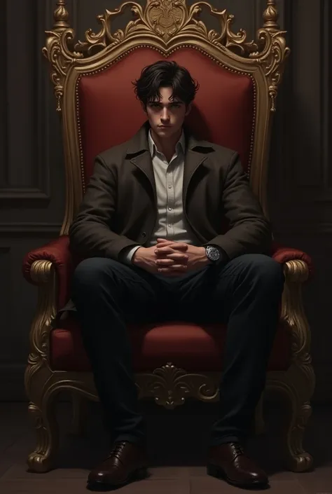 A young man wearing coat and black jeans sitting on emperors chair 