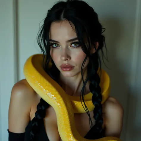 minimalism, detailed drawing, mysticism, beautiful daring vamp woman,huge black braids shaved temples,long yellow python lying on her shoulder, big lively eyes, black eyelashes hair, @mss,heat, realistic, beautiful, professional, photo, soft lighting, aest...