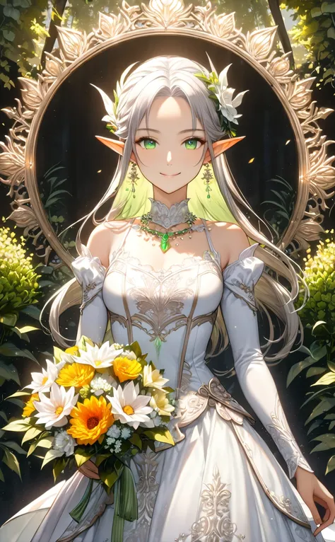 (masterpiece, ultra quality, official art, 8k, beautiful and aesthetic:1.2), (1 elf lady), solo, (cowboy shot:1.3), simple background, anatomically correct, absurdres, (background like flower garden), (well-defined facial features, perfectly proportioned f...