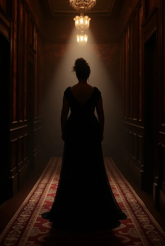 (photorealism:1.2), create a lavish dimly lit hallway symbolizing an alluring path to submission. there is a faceless plus size curvaceous figure at the end of the hall facing backward a ebony melanin women with a female matriarch persona