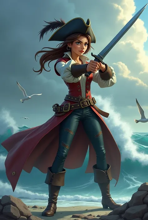 Animated image of a pirate woman drawing out her sword