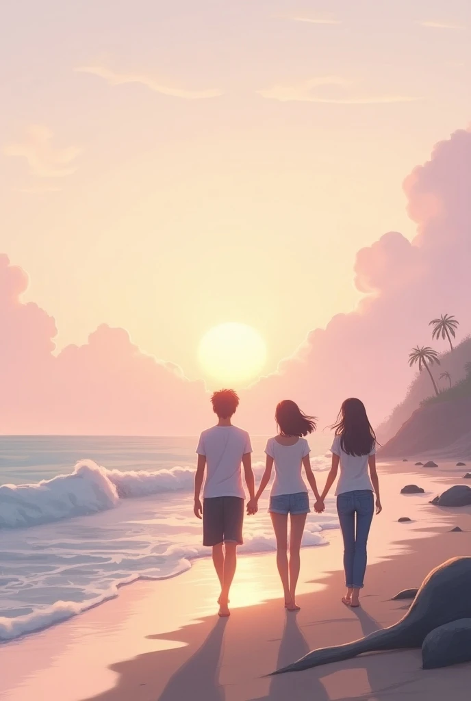 Landscape on the seashore at a sunrise three young people holding hands walking