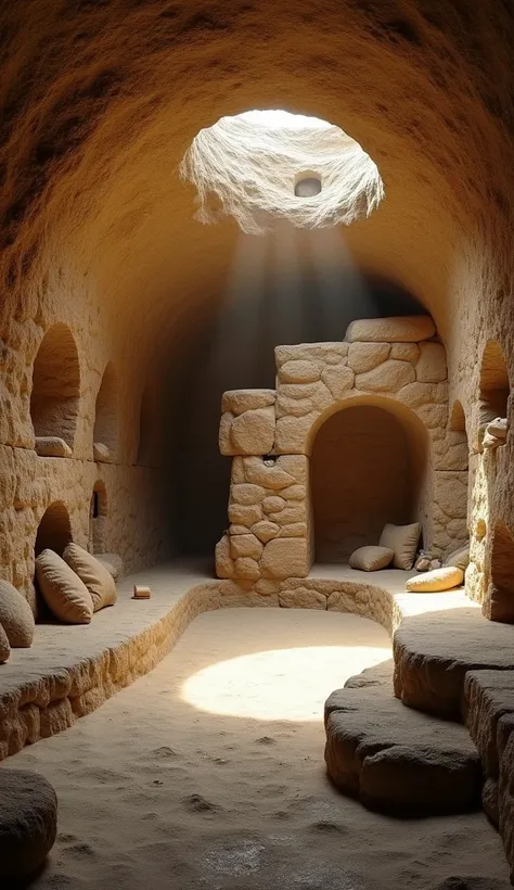 An interior view of an underground stone home carved from rock, with stone walls, carved seating areas, and small openings for light. The scene has a cozy but mysterious feel, showing how ancient people might have lived in this cave-like dwelling. Details ...