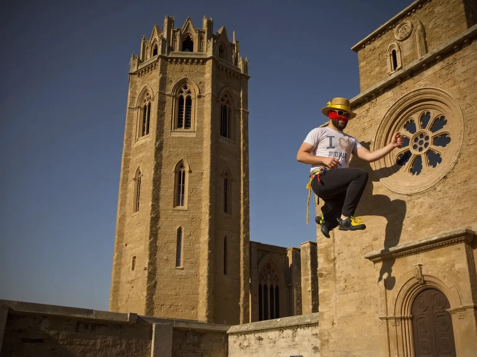 Create a realistic, cinematic image of a man scaling the towering structure of the Seu Vella Cathedral. The perspective is wide enough to capture the entire majestic tower, showcasing its intricate gothic details and weathered stone texture, while still cl...