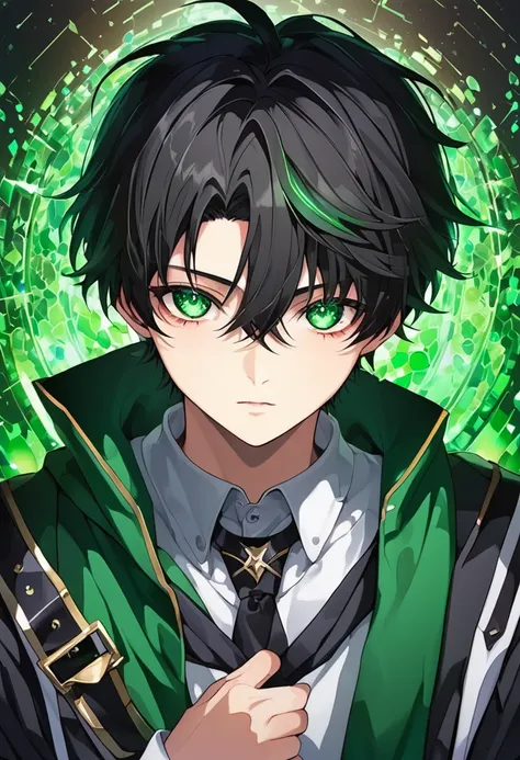 1 high school boy, with emerald eyes