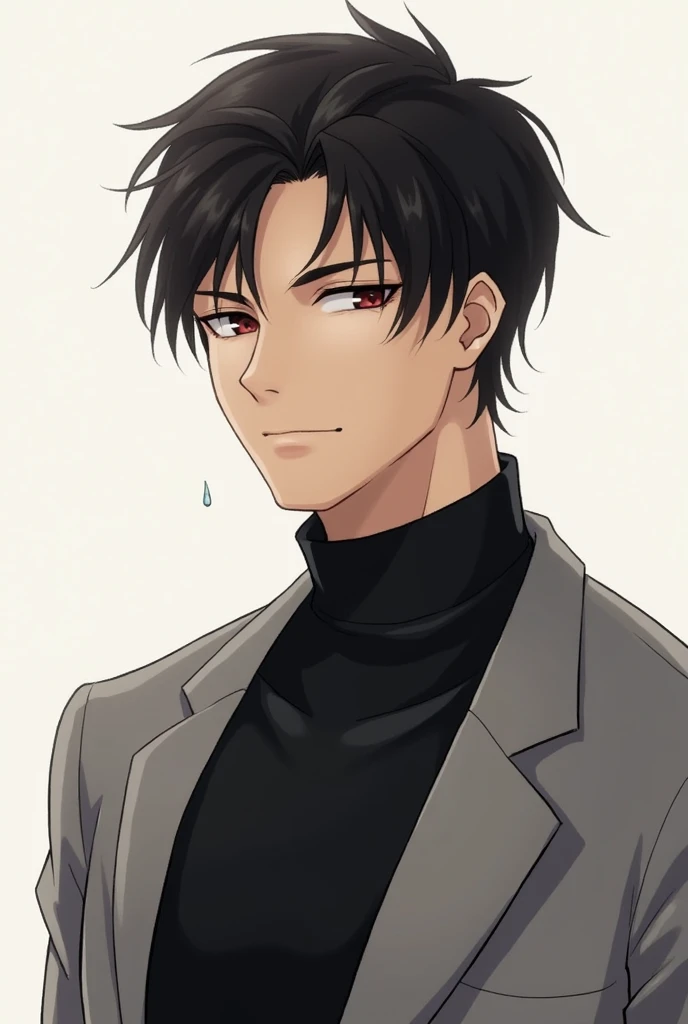 male、30th Generation、 Calm Atmosphere 、 turtleneck、Muscular、 bust up、Black Hair、 Japanese illustration style,  simple background , smile,  seductive smile, Teardrop, 