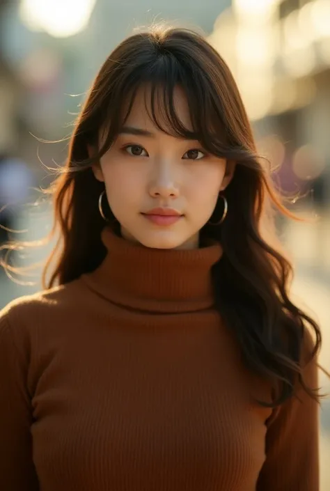 ((best quality)), (detailed), 1girl, 
Japanese beautiful woman,Brown turtleneck knit 、 face up 、From the neck up、Bangs falling on face、The white light of sunlight 、 light on the face and contrast between light and shadow、Beauty、Beauty、Idol-like face、 has b...