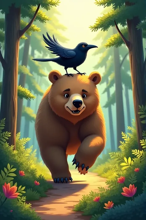 A brown bear and a raven are friends and run through the forest. 