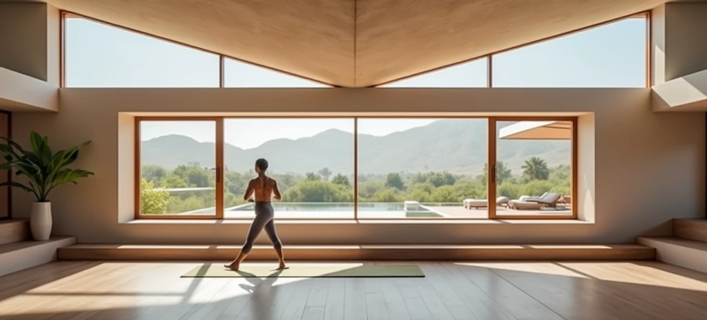 Design the interior of a luxurious rectangular yoga room 11 meters length by 5 meters wide at the first floor of a retreat located in Rajasthan, India. The space 3 meters high. The setting blends modern luxury with natural tranquility, featuring warm tones...