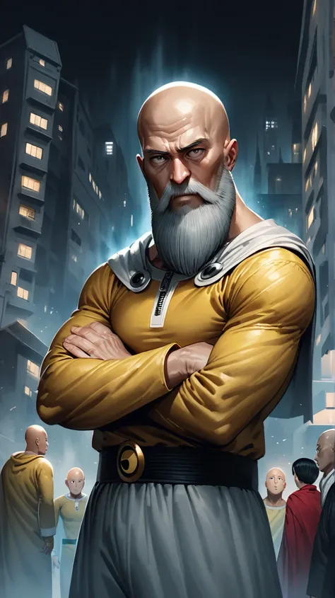 saitama, one punch man, created by  "Yusuke Murata", elder,bald,   long gray beard ,  arms crossed, looking at the observer, surrounded by buildings  , night,  realistic style, soft brush strokes, Serene expression, aura of wisdom , wallpeper,  be faithful...