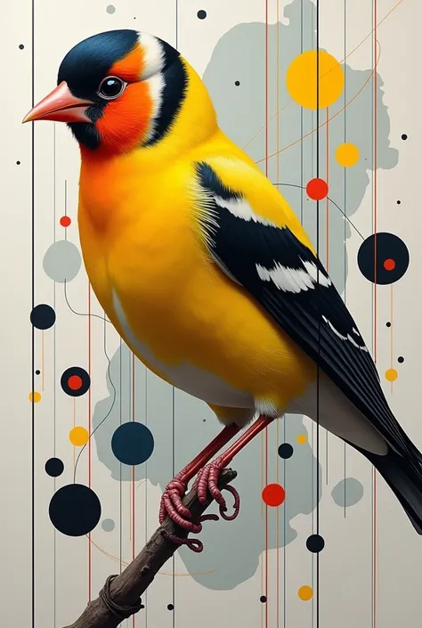 A surreal geometric painting. Geometric art. Linear art. A complex interweaving and a complex combination of lines and geometric shapes, circles, triangles, squares and rectangles in their intersections form the image of a goldfinch bird. The image of the ...