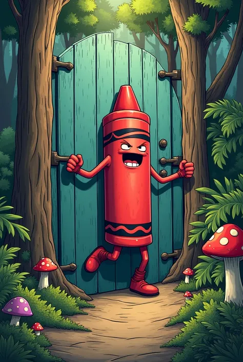 a red crayon trying to break a metal door in the forest (like comic art style)