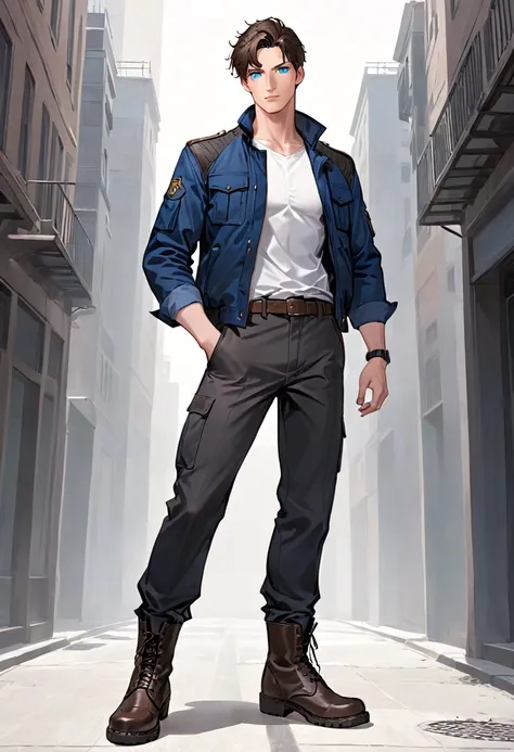 A 67 tall dark brown-haired man who has blue eyes amd wears a dark blue jacket over a white shirt, dark gray pants, and black combat-style boots which go slightly above his ankles.