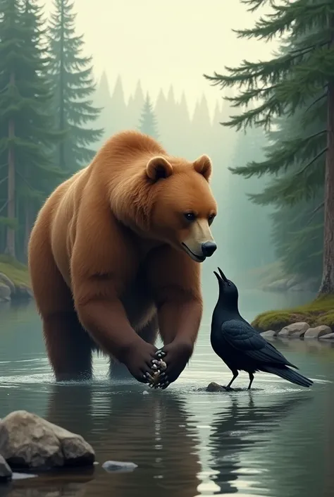 A brown bear and a raven are friends and fish together. 