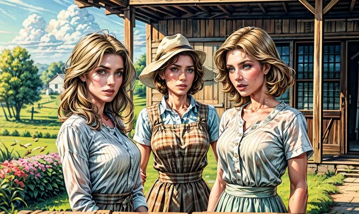 a close-up. 1 handsome middle-aged farmer; 3 sexy unique Caucasian farming daughters. all are wearing farming clothes and standing on the porch of a beautiful white farmhouse in the mid-west on a sunny afternoon, looking at you. a breeze is gently blowing ...