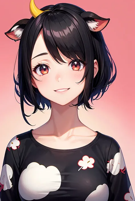  1 girl, smile,  shortcuts, Black Hair,  high definition,  high quality, Bob Hair, Droopy eyes,  yandere,  simple background , Cow pattern clothing，Iced Tea