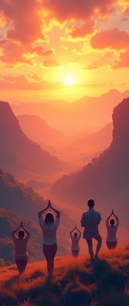 In a spacious valley at sunset, bathed in warm, glowing light,  people are spread across the landscape, each engaged in different mindful activities. Groups of individuals are visible in clear yoga poses (tree, warrior, lotus), Tai Chi movements, and some ...