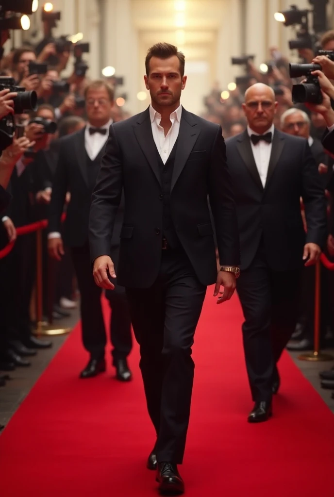 Make a famous male celebrity walking on a Red carpet with 2 big giant muscular 
bodyguard and people are clicking photos of celebrity 