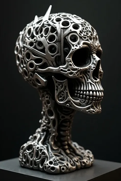 " A surrealistic sculpture of a human skull made from scissors and hair clippers .  The scissor blades simulate bone texture ,  while hair clippers form the structure of the skull .

details:

- Shape :  oval or spherical
- Size :  20-30 cm in diameter
- C...