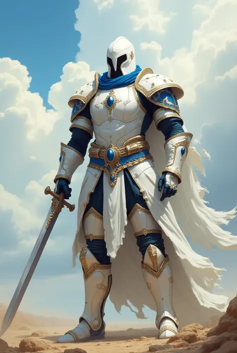 Make a warrior, With armor in white , details in blue and gold ,  make him holding a long sword with both hands 