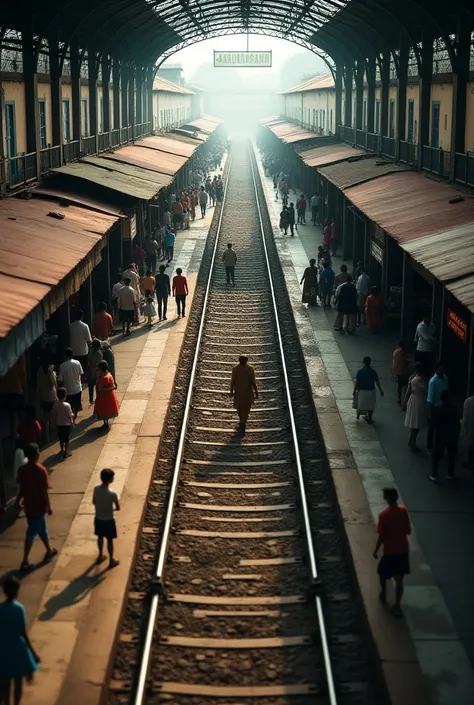 A Indian Railway station name FAKUAGRAM. The platform poster have name FAKUAGRAM, The station look like old station. The platform have one railway track and many passengers. Image showing like drone camera 