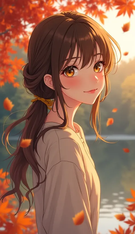 anime girl with brown hair and scan autumn scene, an anime drawing inspired by Ayami Kojima, pixiv, digital art, 🍁 cute, anime visual of a cute girl, anime cover, (anime girl), 🍂 cute, smooth anime cg art, sakimi chan, cute anime girl, visual novel cg, off...