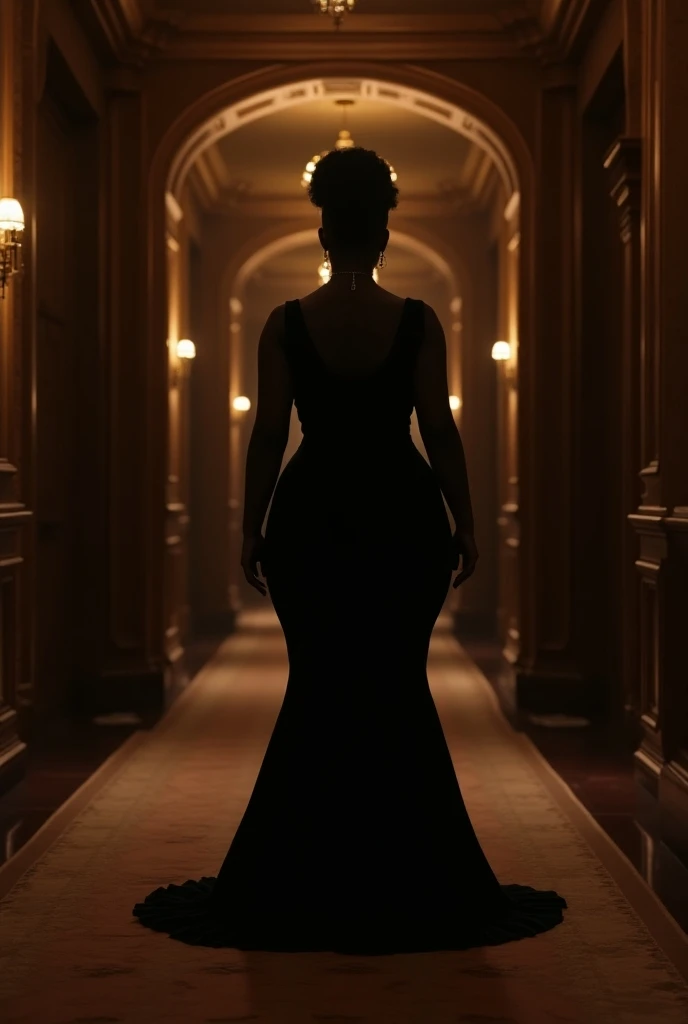 (photorealism:1.2), 8k 16k quality, extremely detailed detail hyper resolution clear sharp focus not blurry create a lavish dimly lit hallway symbolizing an alluring path to submission. there is a faceless ebony melanin plus size curvaceous figure at the e...