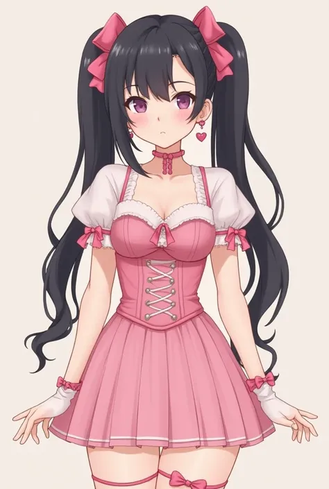  Im a Japanese woman in her 30s 。 I have twin tails with black hair and a pink ribbon 。 Im wearing a pink corset and pannier miniskirt。  Im wearing a pink heart choker on my neck  。 I have pink heart-shaped earrings on my ears 。Im wearing knee-highs with p...