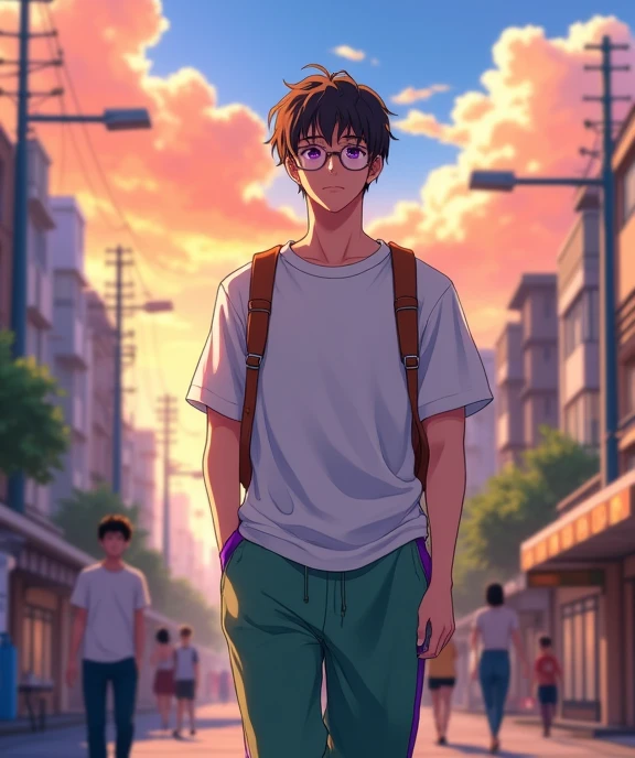  A white-skinned anime man of 18 years old , anime To love ru,  soft lighting , you are walking through a beautiful neighborhood in the city of Tokyo , There are people around him , On an afternoon with lots of orange clouds ,  measures 1 ,70 centimeters, ...