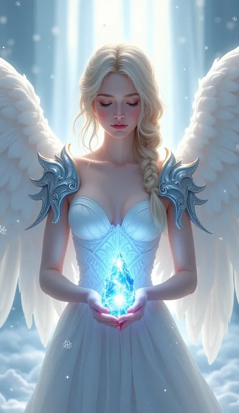 A digital illustration asy art style depicts an ethereal female character, likely an angel, standing centrally with her eyes closed and head tilted slightly downward in a serene expression. Her pale blonde hair flows freely in loose waves, featuring subtle...