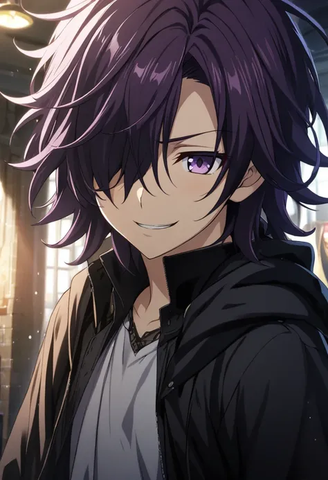 1 boy, dark purple hair, slightly messy hair, hair covering one left eye, light purple eyes as well, sadistic smile, dark clothes, CG