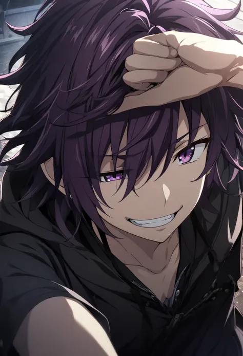 1 boy, dark purple hair, slightly messy hair, hair covering one left eye, light purple eyes as well, sadistic smile, dark clothes, CG