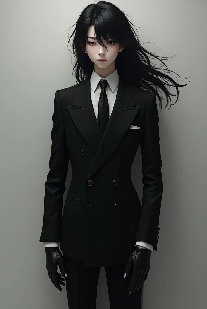 Live action Asian Teen boy with Very Long Flowing black hair, a black double-breasted suit over a White dress shirt. a thin black tie that stays tight around his neck. Pointed toe shoes and black Leather gloves. 