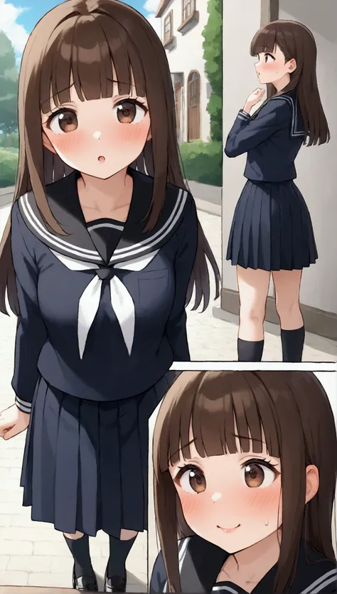 {Best Quality], [Very beautiful], [Ultra fine], [Best illustration],sauce_anime,stand,Brown Hair,hime cut,Long Hair,Excited face,Cutesy,High school girl,Black Sailor Suit,skirt,Beautiful breasts, black high socks , black loafers, slender, blushes,Woman loo...