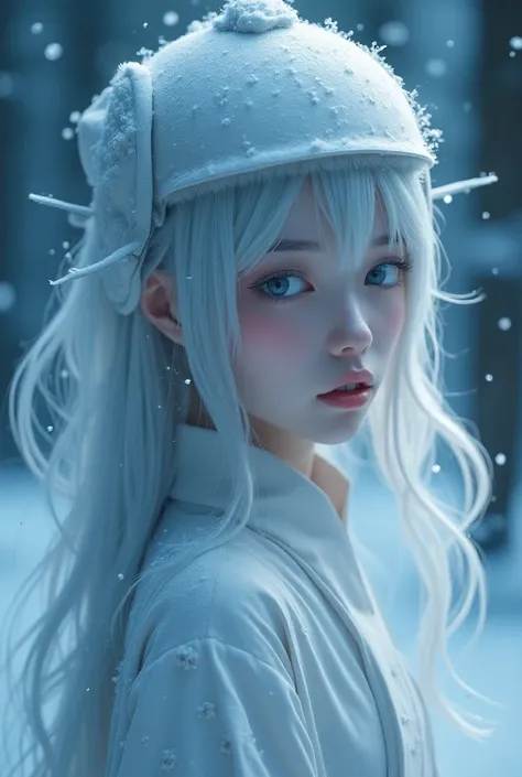 (Close-up of a better masterpiece:1.5)0.9], (Space and astronauts:1.2) (Messy silver hair:1.1) ( Heterochromia xanthochromia and blue eyes :1.2) (Space Helmet:1.0) (Colored stars in the e 「A traditional Japanese snow spirit with long, flowing white hair、A ...