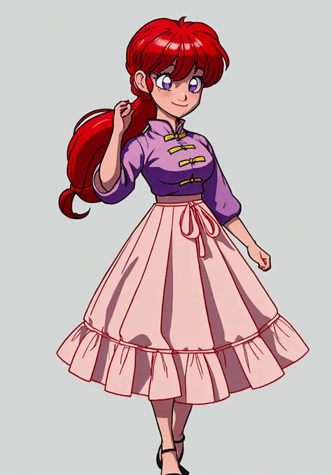 Create Female Ranma, Clear outline, Full body color photo, ( Beautiful and delicate eyes), ( pretty face:1.3), Wakakis Smiling Face , long red hair， Bangs,  blue-gray eyes ,  big eyes， Chubby  ，(Chinese Hansel :horse face long skirt),top:  Fit Purple Chiff...